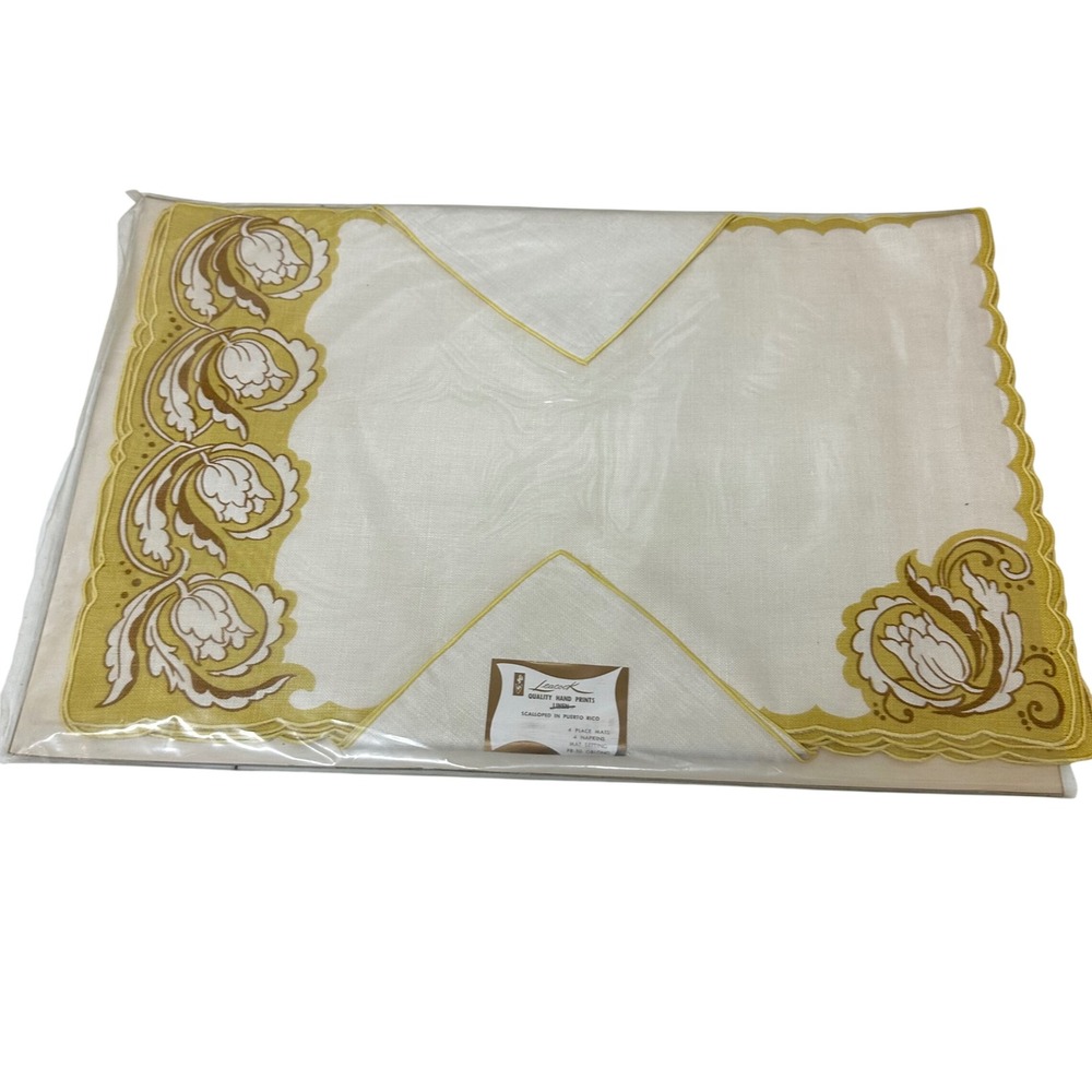 Vtg Leacock Quality Hand Prints Linen Scalloped Napkins Place Mats Set Retro NEW